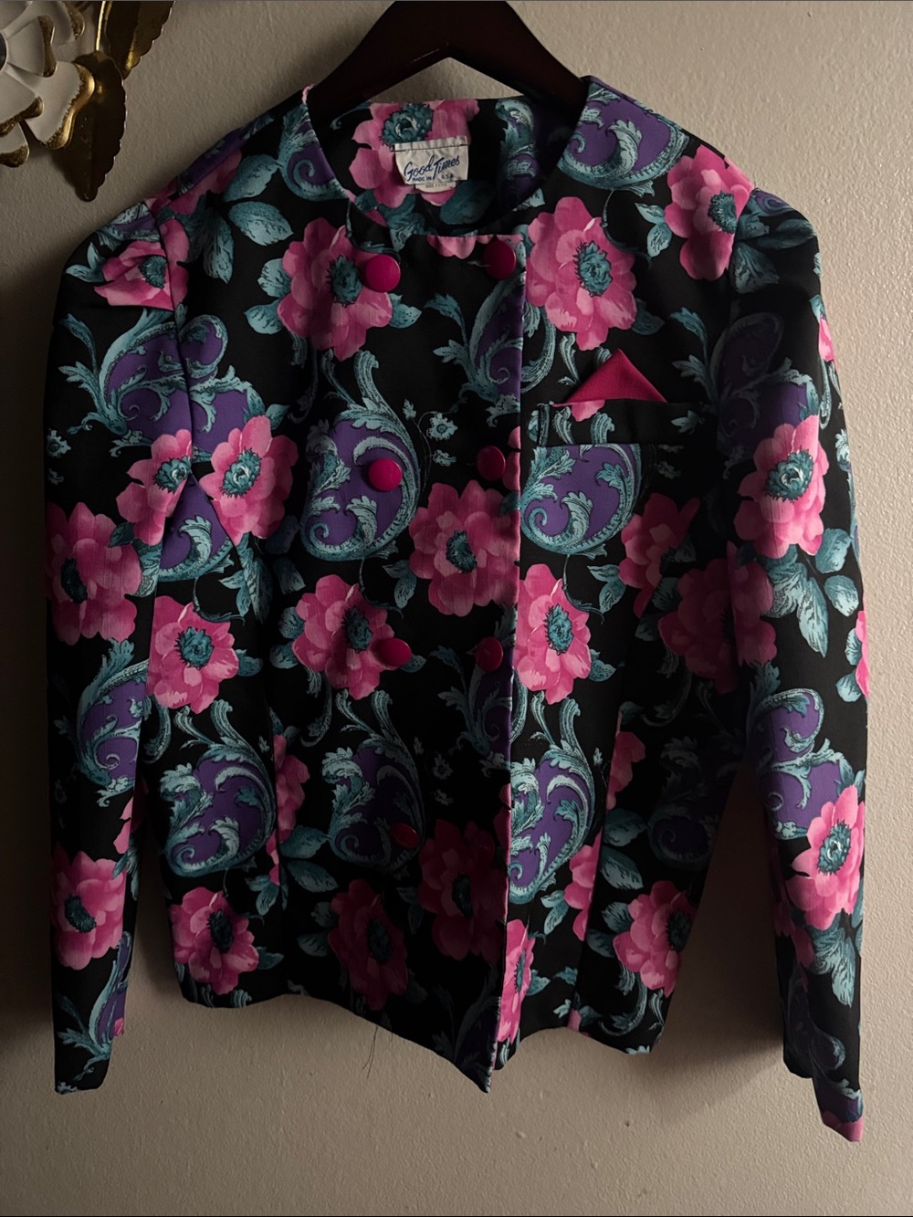 Floral Print Black Blazer with Pink Accents